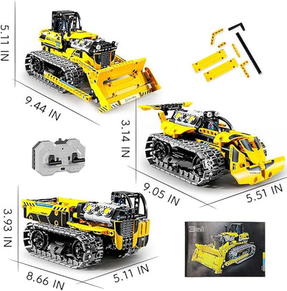 OKKIDY 3 in 1 Kids Remote Bulldozer STEM Technology Building Blocks Set Toys APP Remote Construction Blocks Engineering Excavator/Robot Ages 6-14 DIY Erector Sets for Boys and Girls-452 (PCS)
