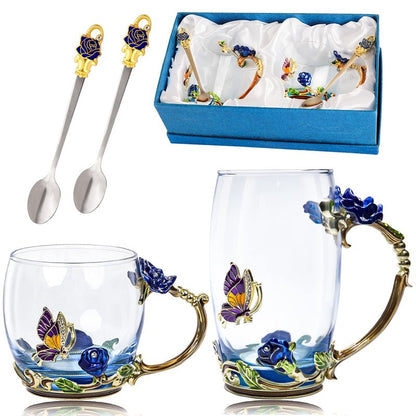 DUMVOIN Tea Cup Glass Coffee Mugs,Fancy Tea Cup Set Birthday Christmas Valentine's Day Gift Idea for Tea Lover and Women Novelty Coffee Mugs Rose Flower Enamel Tea Cup Glass Mug with Spoon Set