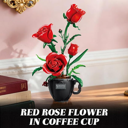 Red Roses Flowers Building Block Set with Coffee Cup Vase for Adults Compatible with Lego Flower 450PCS Rose Botanical Collection Kit for Valentine's Day Home Decor Gift for Girlfriend/Wife/Mom