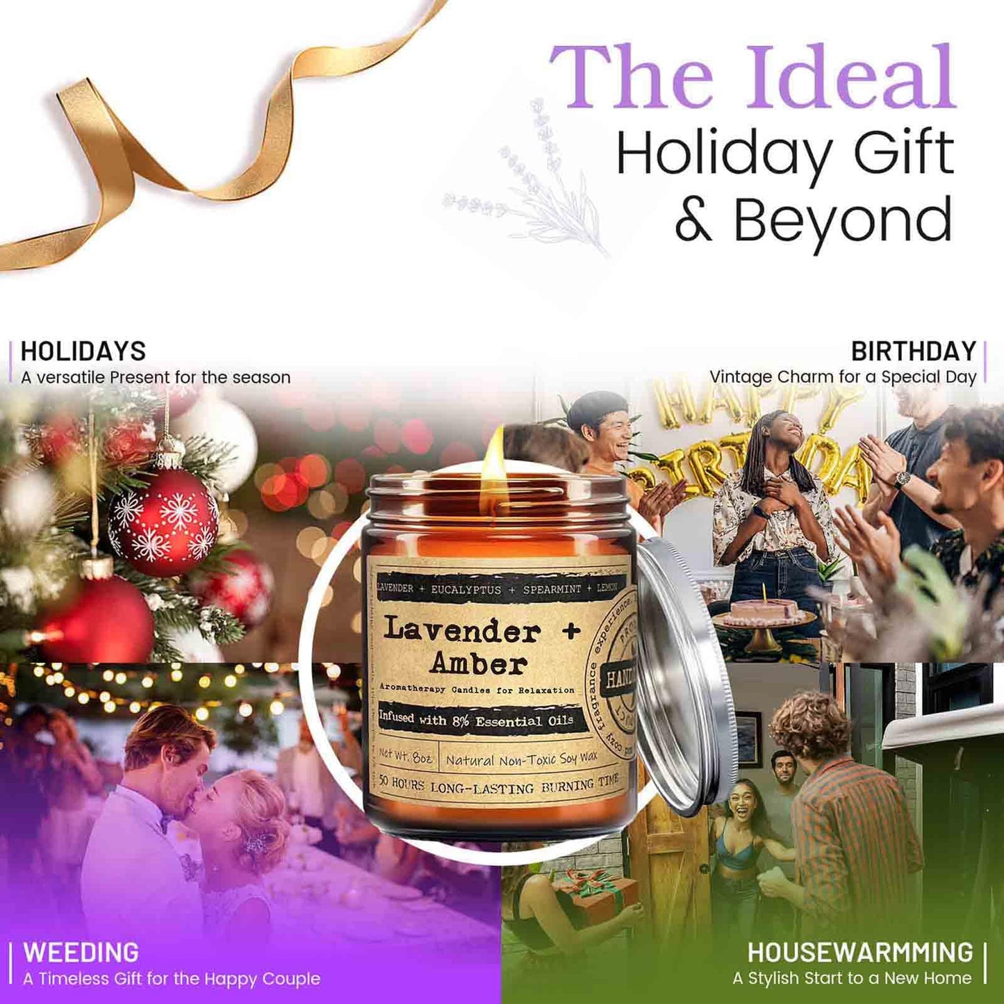 KOTKAS Amber Lavender Eucalyptus Candles for Home Scented - Aromatherapy Soy Candles Non Toxic Calming Candle Gifts for Women Relaxation Stress Relief Soothing Yoga Meditation Spa Bath Relaxing, 8oz