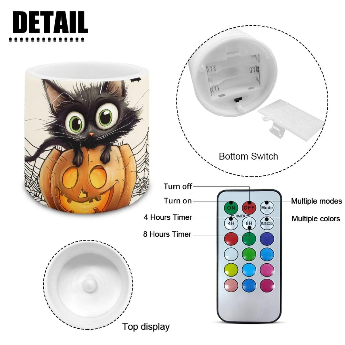 Merkmak Pack of 4 Halloween Flameless Candles with Remote Battery Operated Candles with Timer Flickering LED Elictric Pillar Tealights for Indoor Outdoor Home Decor, Spider Web Black Cat Bat