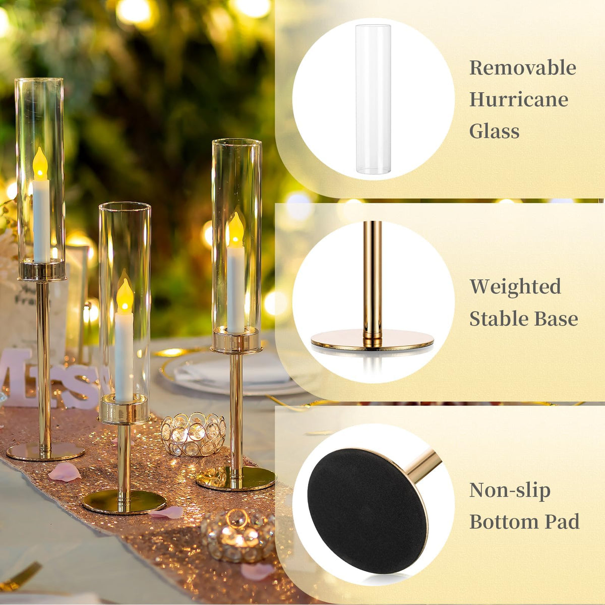 Hewory Gold Candle Holders Hurricane Candlestick Holders, 6Pcs Candle Stick Candle Holder Candelabra, Taper Candle Holders with Glass Candle Cover for Wedding Table Centerpiece Christmas Decor
