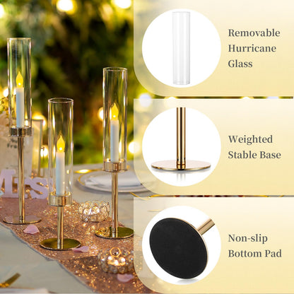Hewory Gold Candle Holders Hurricane Candlestick Holders, 6Pcs Candle Stick Candle Holder Candelabra, Taper Candle Holders with Glass Candle Cover for Wedding Table Centerpiece Christmas Decor