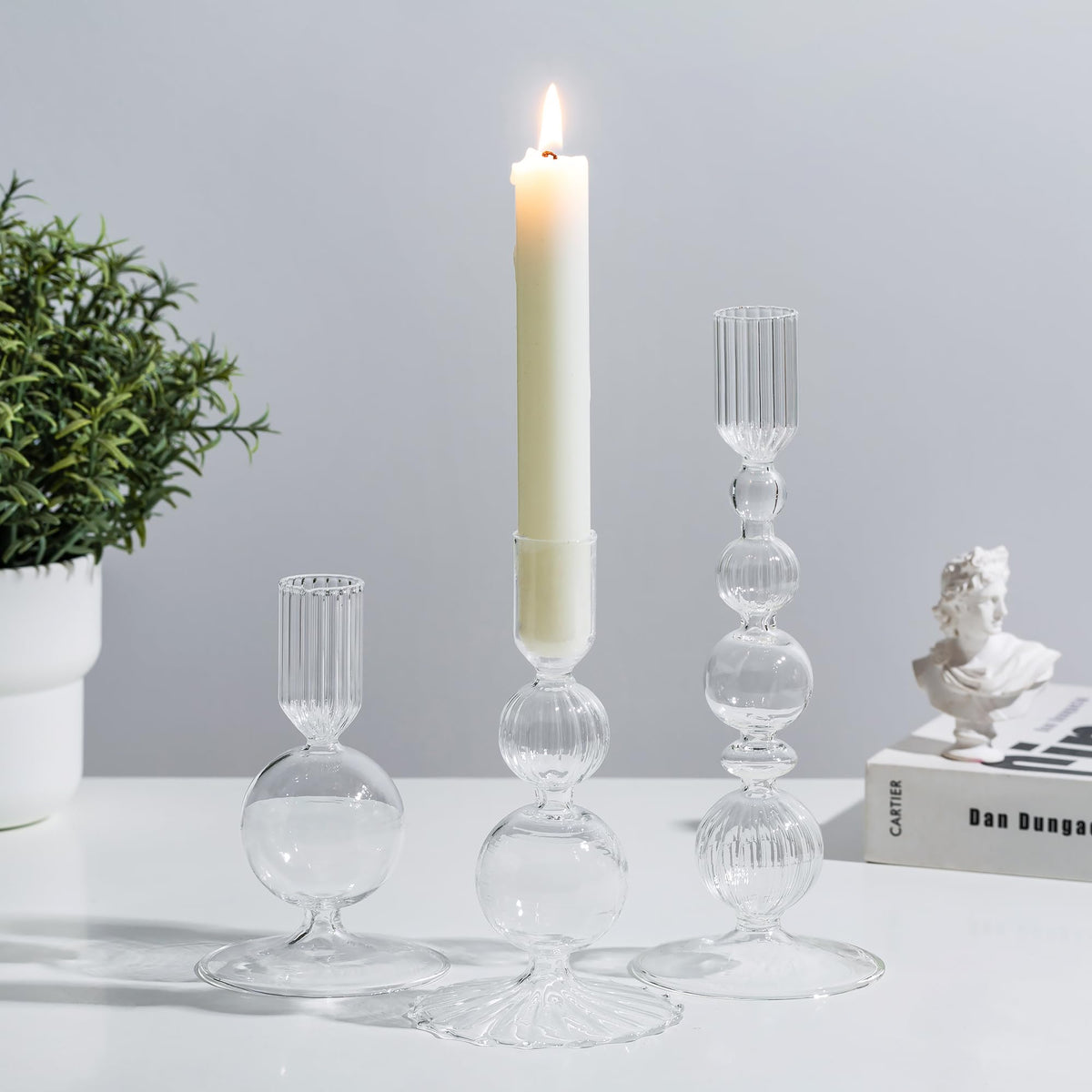 Glasseam Glass Candle Stick Holder: Clear Taper Candle Holders Set of 3 Modern Candlestick Holders for Taper Candles Decorative for Table Centerpiece Wedding Party Christmas Decorations