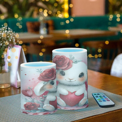 ALAZA Red Rose White Rabbit Flickering Flameless Candles Battery Operated with Remote Timer,Tea Light Candles LED Pillar Votive Candles Set of 2 for Outdoor Indoor Decorations