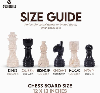 Marble Chess Set for Adults 12 Inch Handmade Travertine and Black Board Game with Storage Box Travel Chess Set for Tabletop with Pieces &amp 2 Extra Queens Gifts &amp Home Décor