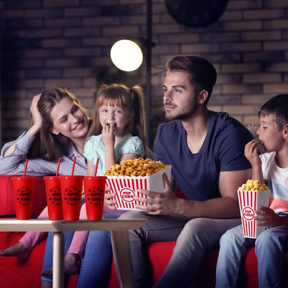 Reallnaive 15 Pcs Movie Night Popcorn Organizer Set Family Red & White Striped Plastic Popcorn Container Reusable Drinking Cup for Holiday Parties, Family Gatherings & Home Theater