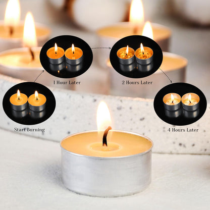 Natural Organic Beeswax Tea Candles in Metal Aluminum Cup - Small Candle Bulk Natural Scent Smokeless 4-5 Hours Long Burning - Yellow, Pack of 50