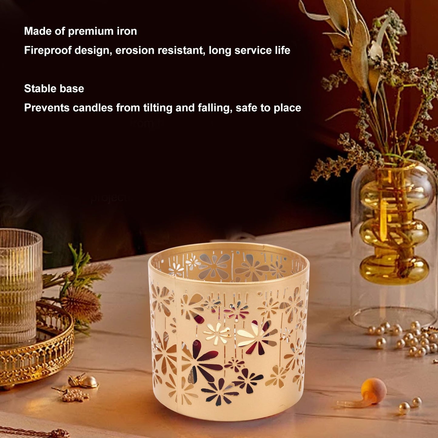 Metal Candle Holder Iron Hollow Out Round Decorative Lantern for Table Centerpiece, Fireplace, Home Decoration, Wedding and Party