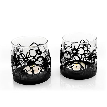 Lily’s Home Cutout Shadow Box Votive Tea Light Hurricane Glass Candle Holders, Centerpiece Lighting for Weddings, Entertaining and Home Decor, Flowers Garden Design, Black, Set of Two