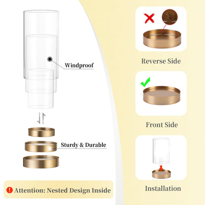 Hewory Hurricane Candle Holder for Pillar Candles: Gold Votive Candle Holders Set of 6, Glass Hurricane with Metal Candle Plate, Pillar Candle Holder for Table Centerpiece Wedding Holiday Home Decor