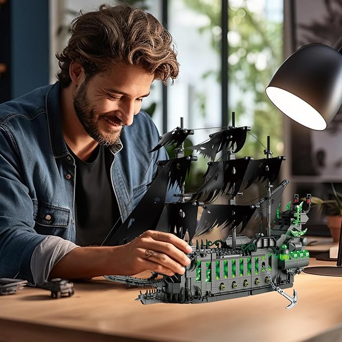 1573 Pcs Pirate Ship Building Set with LED LightSTEM Ghost Ship Flying Dutchman Building ToyModel Boat Mini Brick Kit Home Office DecorHalloween Easter Gift for Adults Boys Kids Ages 14+