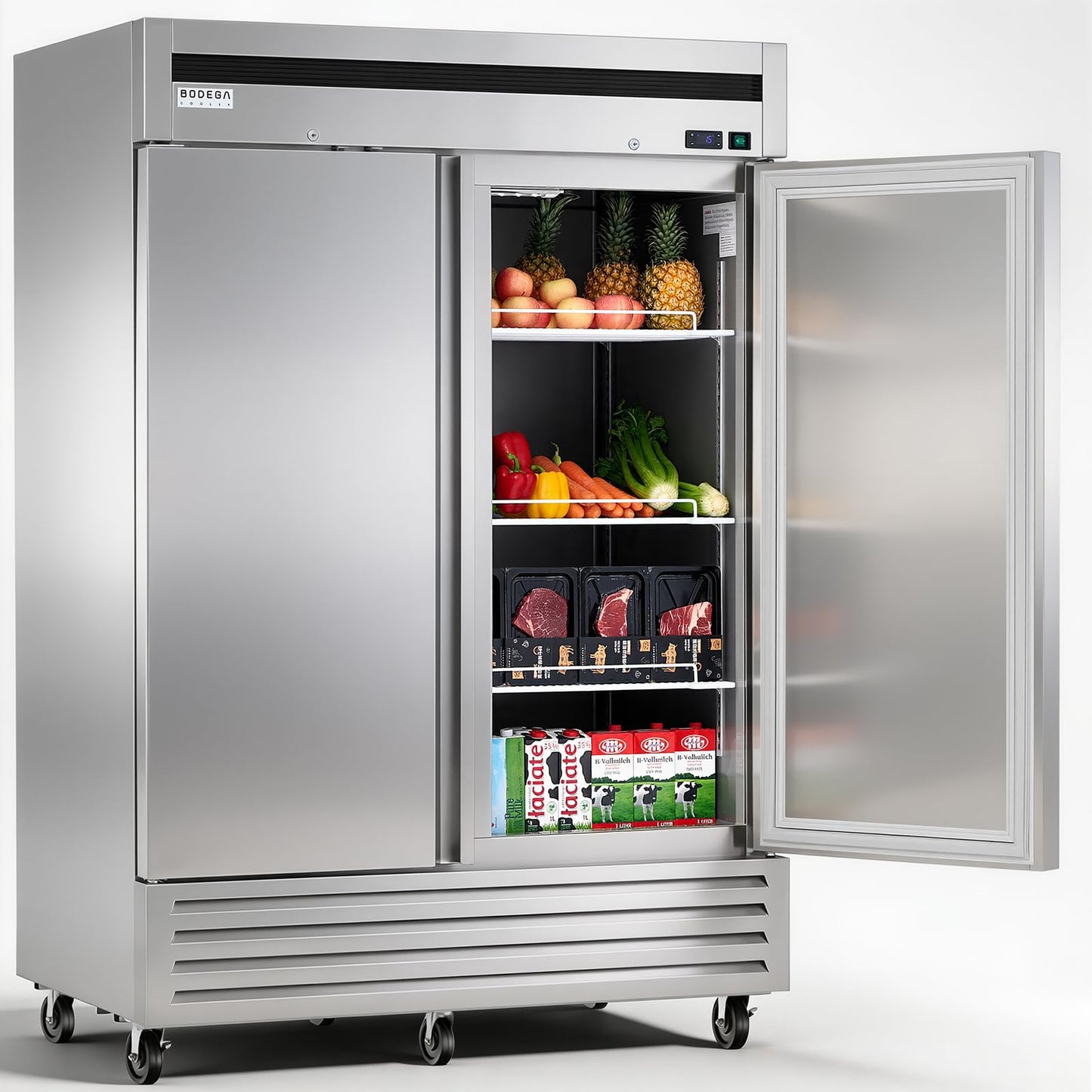 BODEGA BODEGACOOLER 54" W Double Door Commercial Refrigerators, Stainless Steel Solid Door Reach-in Refrigerator, 49 Cu.Ft Large Capacity, 33℉ to 41℉ Temp Range, Auto Defrost, For Restaurant Kitchen
