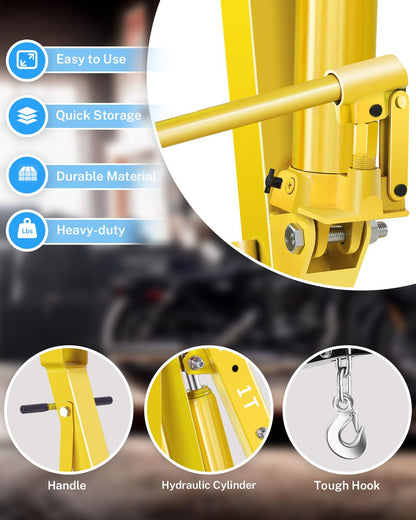 GarveeTech 2-Ton Folding Engine Hoist with Lever, Hydraulic Shop Crane with 6 Swivel Wheels & Adjustable Boom (0.5T-2T), Heavy-Duty Cherry Picker for Garage, Workshop, Truck, Farm (Net Wt. 168 Lbs)