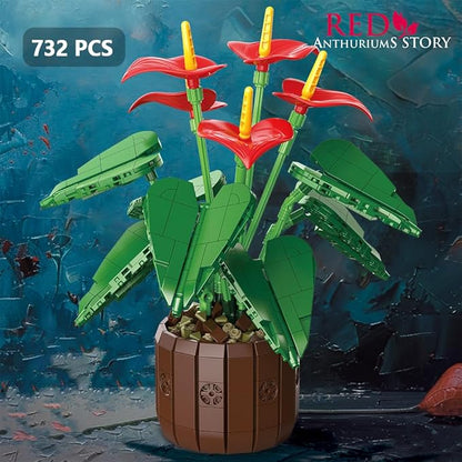 39120 Red Anthuriums Building Blocks Flower Set 732 Pieces of Floral and Plant Series Block Sets Adult Creative Enthusiast Model Gifts and Unique Collectibles Can be Used for Room Decoration