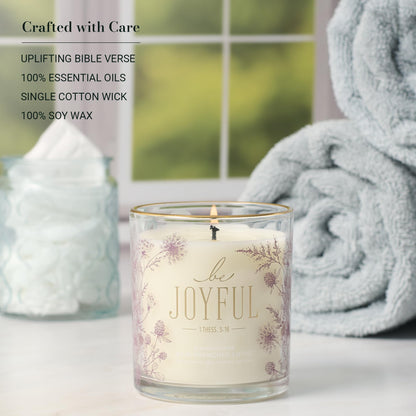 Christian Art Gifts Be Joyful Scented Candle: Soy Wax, Pure Essential Oils, Rain Drenched Lotus Scent, Bible Verse, Floral Design Glass Jar, Encouragement Gift for Women, 40 Hours Burn Time