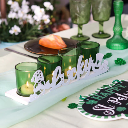 SYFURNIX St Patricks Votive Candle Holder Set, Includes 4 Glass Tealight Holders & 1 Wooden Candle Tray, Green & White St. Patrick's Day Decorations for Table, Office & Indoor Decor