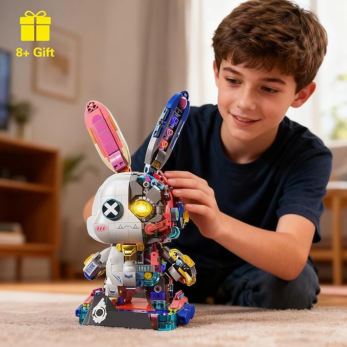Mechanical Rabbit Building Set - Punk Style Animal Collection Toy Robot Bunny Sets with LED Light Neon Style Collectible Building Toy Easter Decor Gift for Boys Girls Adults Teens Ages 12+ 1377PCS