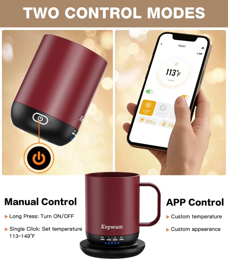 Kepwam Self Heating Coffee Mug T1-16oz(14 oz with lid) Fast Heating & Ultra Long-Lasting Battery Life, Heated Coffee Mug Up to 149℉ - Touch & App Controlled Coffee Mug, Birthday Gifts for Women and Men