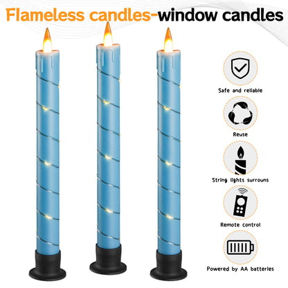 3 Pack Blue Dripping Wax Flameless Candles, Realistic Dynamic Flame LED Taper Candles with Surrounding Fairy String Lights, Remote Control Battery Operated Candles for Home Wedding Holiday Decor