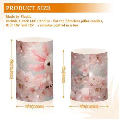 Flameless Candles with Remote Timer,Pink Axolotl Cherry Blossom Battery Operated Candles Set of 2 LED Tea Lights Flickering Pillar Votive Candles for Indoor Outdoor Decor