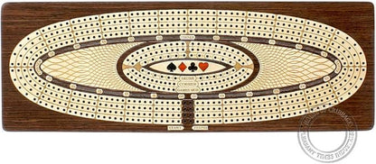 House of Cribbage - Continuous Cribbage Board/Box Inlaid in Wenge Wood/Maple : 4 Track - Sliding Lids Drawer &amp Metal Pegs with Score Marking Fields for Skunks Corners and Won Games