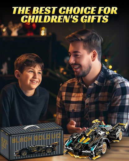 1:14 V12 Technic Super Sports Cars Model Sets - 1314 PCS Black Gold MOC Building Block Car Raceing Engineering Toys - Gift Idea for Adults Boys Girls for Play and Display Collection