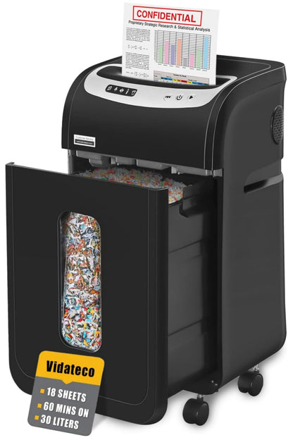 VidaTeco 18-Sheet Paper Shredder for Home Office Heavy Duty, 60-Minute Micro Cut P-4 Security, Auto-Reverse Anti-Jam System, Shreds Staples/CD/Credit Cards, 7.9-Gallon Pullout Bin & 4 Casters (ETL)