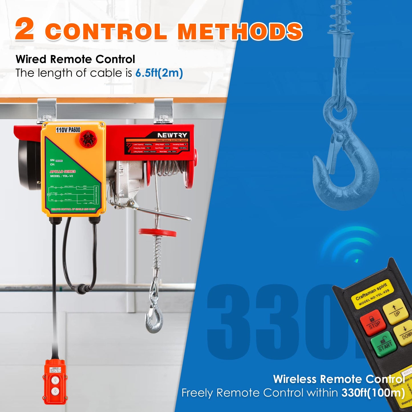 NEWTRY 1320lb & 660lb Electric Hoist Winch, 1200W Wireless/Wired Control 2 in 1, 110V Single & Double Slings Portable Hoist Winch for Garage Factories Warehouse