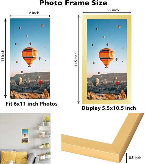 JCJMY Gold Picture Frame 6x11 - Versatile Wall Hanging or Tabletop Display with Shatter-Resistant Plexiglass