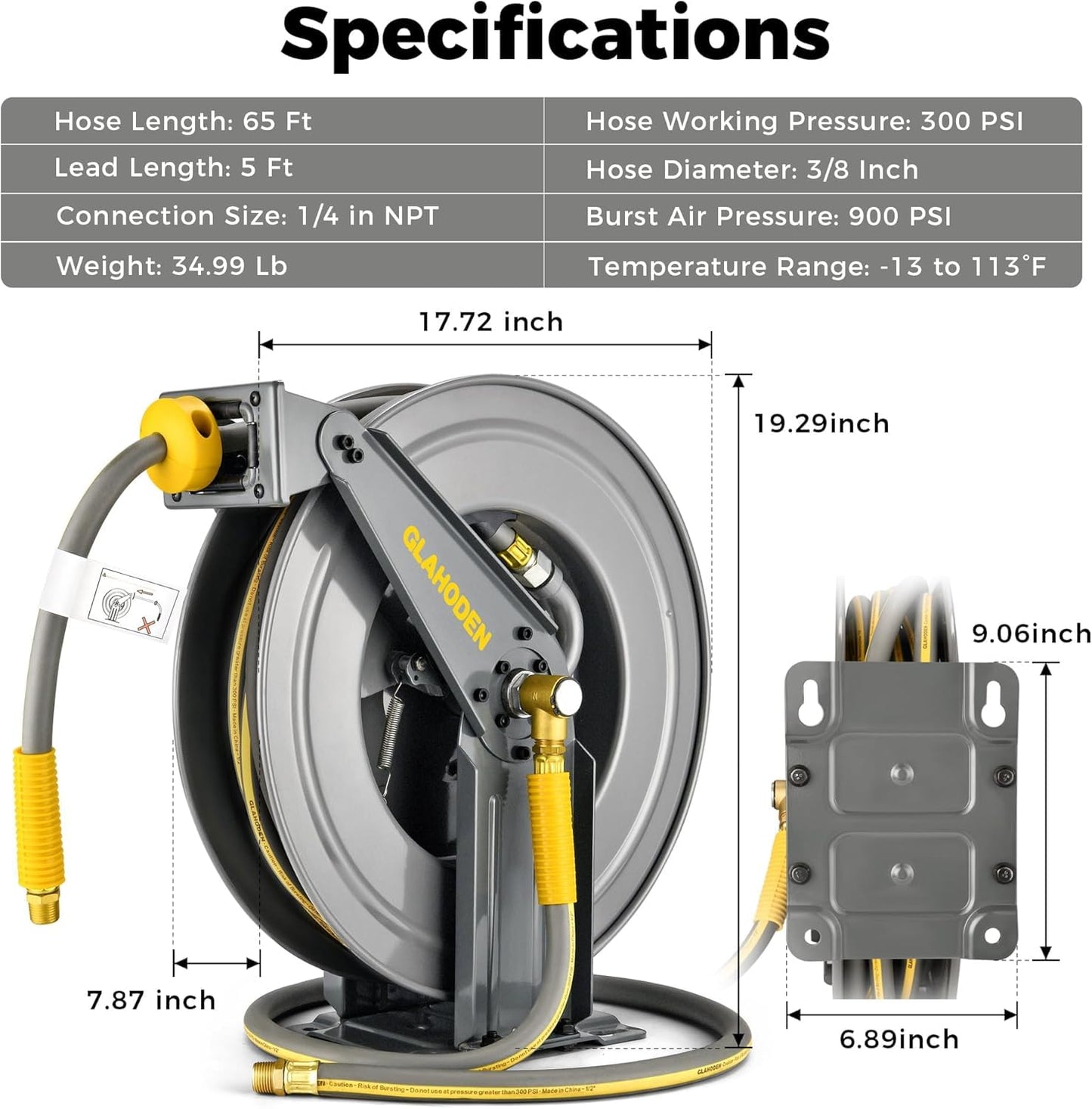 GLAHODEN Double Arm Retractable Air Hose Reel, 3/8 in × 65 ft Hybrid Hose Heavy Duty Steel Professional Air Compressor Hose Reel with 5 ft Lead in Max 300PSI Auto Rewind Quick Coupler Swivel Fitting