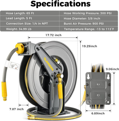GLAHODEN Double Arm Retractable Air Hose Reel, 3/8 in × 65 ft Hybrid Hose Heavy Duty Steel Professional Air Compressor Hose Reel with 5 ft Lead in Max 300PSI Auto Rewind Quick Coupler Swivel Fitting