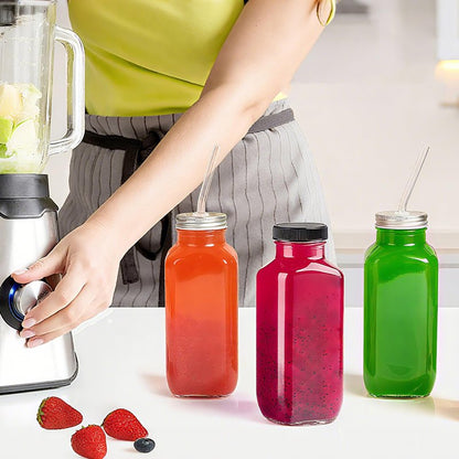 TUZAZO 10 PACK 16 Oz Glass Juice Bottles with Lids, Reusable Travel Drinking Jars Juice Containers, Glass Bottles for Juicing with Brush, Straws, Lids with Hole