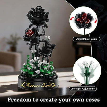 Flower Building Set with LED Light - 232 PCS Black Rose Building Blocks Kit with Dust Cover Easter Day Gift for Her Grilfriend Wife 3.6MM Flower Botanical Collection Block Toy Home Decor