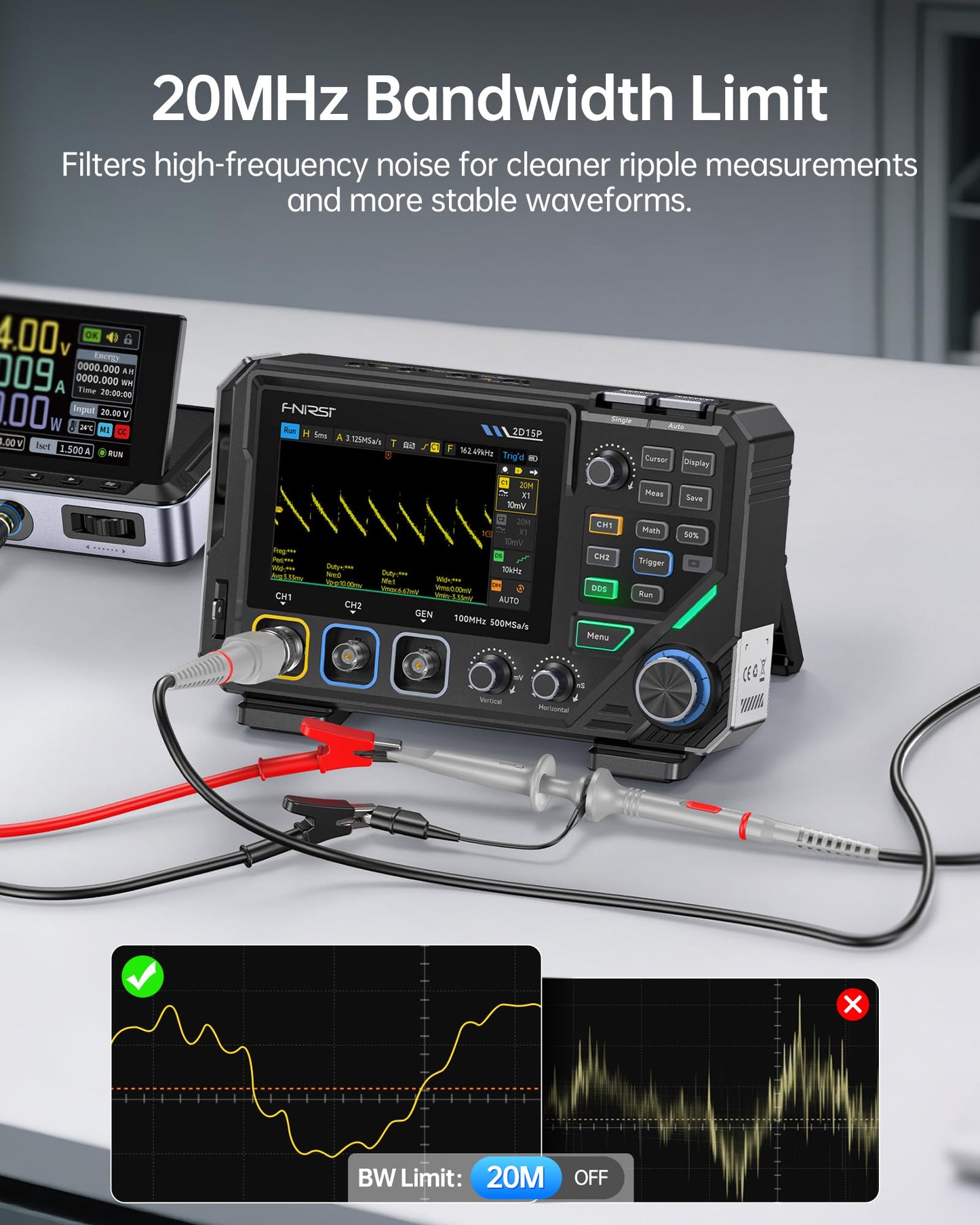 FNIRSI 2D15P 100MHz Digital Oscilloscope Multimeter DDS Signal Generator 3 in 1, 2CH Automotive Oscilloscope Multimeter 19,999 TRMS Counts, 500MS/s Sampling, 4.3'' Touch Screen