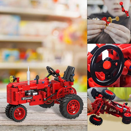 Classic Building Blocks 1/12 Red Tractor Farm Toy Building Set Gift for Kids Ages 6 7 8 9 10 11 12 Includes Shifting Structure Steering Structure Features (Classic Edition)