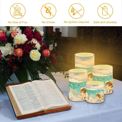 NETILGEN LED Flickering Candles Battery Operated Candles Set of 4 with Remote Control Timer Dancing Flame Pillar Candles Home Table Coastal Decoration, Beach Sky with Starfish