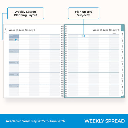 Blue Sky 2025-2026 Weekly and Monthly Academic Year Teacher Lesson Planner Calendar, July 2025 - June 2026, 8.5" x 11", Flexible Cover, Wirebound, Laminated Tabs, Storage Pocket, Dots