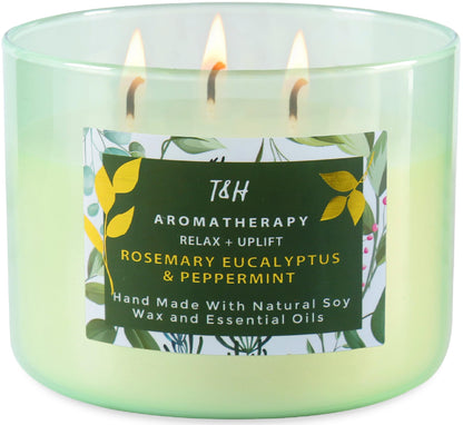 Rosemary Eucalyptus Peppermint 3 Wick Candle for Home Scented | 15.8 oz Large Soy Candle | Spa Aromatherapy Candles for Home Stress Relief | Clean Burn | Gift for Women & Men