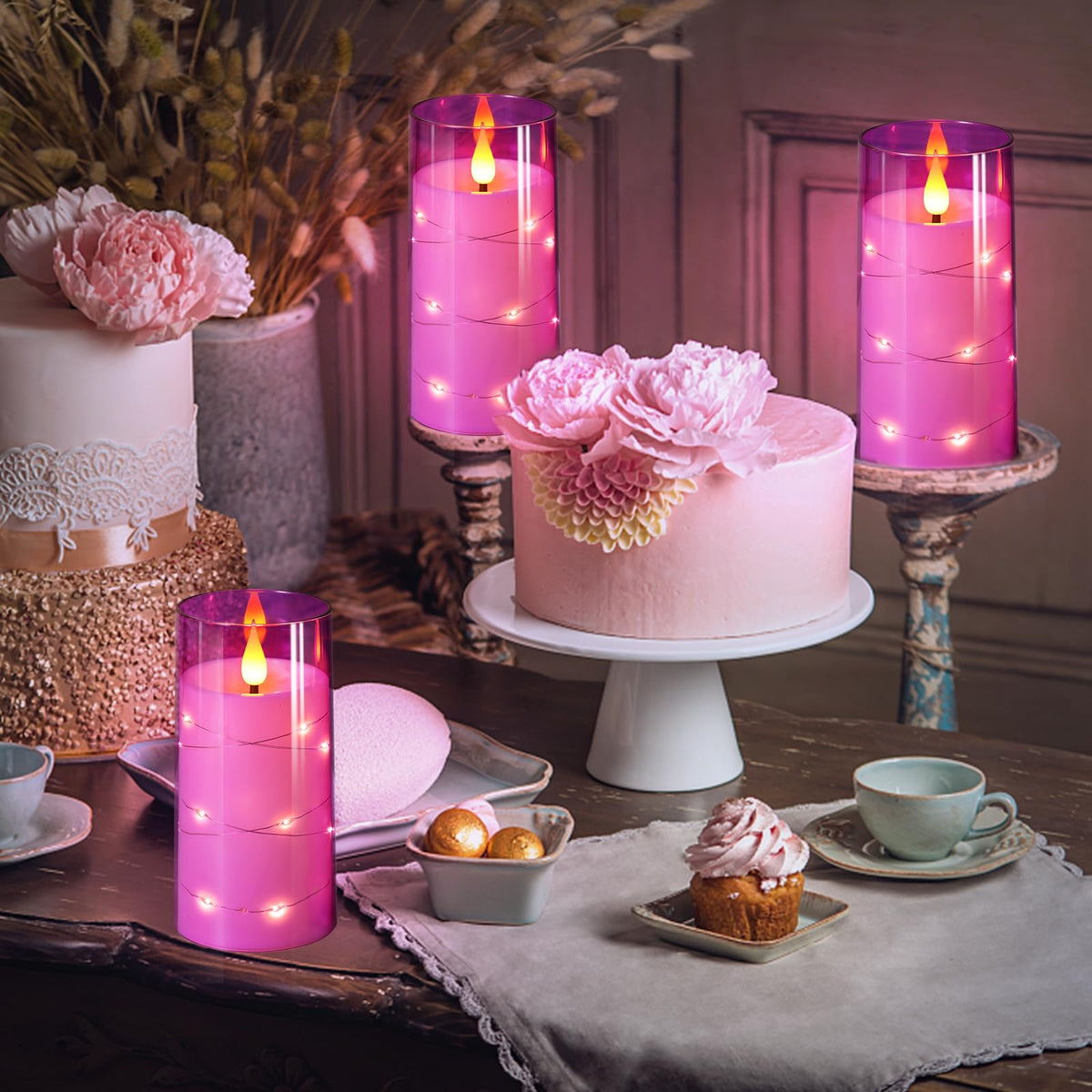NURADA Flickering Flameless Candles: Built-in Star String Lights 3D Wick Acrylic Battery Operated LED Pillar Candles with Remote and Timer for Table Wedding Centerpieces Party 3 Pack Purple