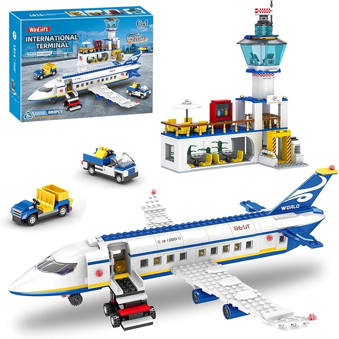 880 Pcs City Airport Passenger Terminal Building Set 6 IN 1 Airplane Building Blocks Toy STEM Aircraft Bricks with Shuttle BusLuggage CartPlanes Model Toys Gifts for Adults Boys Ages 6-12+