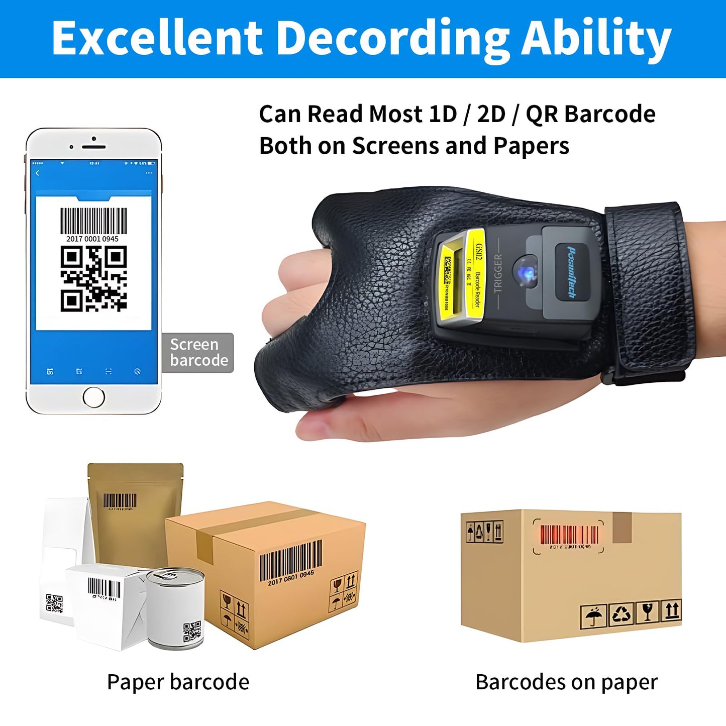 Posunitech Glove Barcode Scanner 2D GS02 Wearable Zebra SE4107 Reader IP65 Touch Scanning NFC Support Multi-Language for Warehouse, Management System,