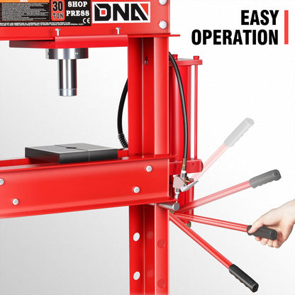 DNA Motoring 30 Ton Air Hydraulic Shop Press with Plates, H-Frame Garage Floor Press, 30T / 66139lbs, Adjustable Working Table Height, TOOLS-00292, Red