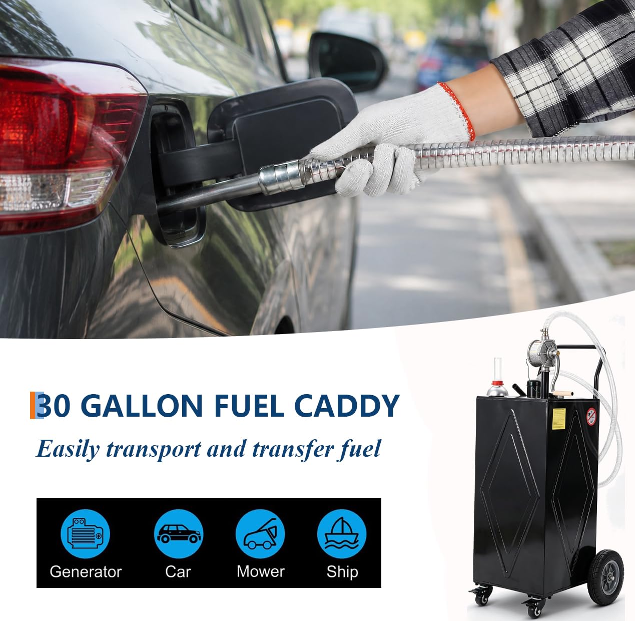 Garvee 30 Gallon Fuel Caddy with Manual Transfer Pump, Portable Gas Storage Tank on 4 Wheels, Gasoline & Diesel Fuel Storage Tank for Cars, Lawn Mowers, ATVs, Boats, More, Black