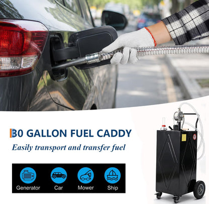 Garvee 30 Gallon Fuel Caddy with Manual Transfer Pump, Portable Gas Storage Tank on 4 Wheels, Gasoline & Diesel Fuel Storage Tank for Cars, Lawn Mowers, ATVs, Boats, More, Black