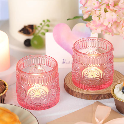 Sunnyfuture 6Pcs Large Votive Candle Holders Pink Glass Tealight Candle Holders for Wedding, Table Centerpiece, Party, Birthday, Home Decor