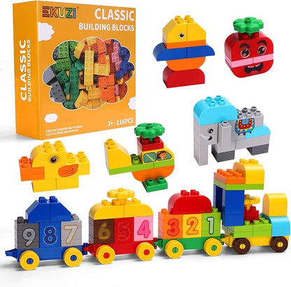 Creative Building Blocks - 116 Pieces Large-Size Blocks Build Train Animal Ideal STEM Toy for 3 Year Old Kids