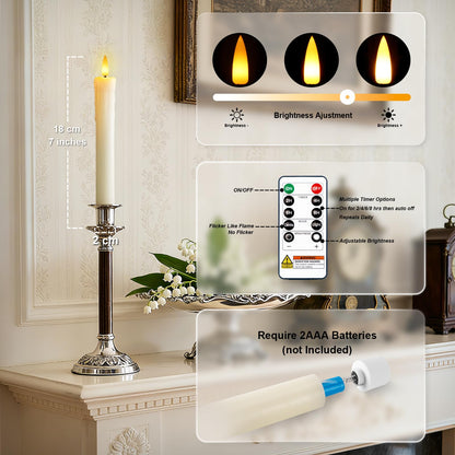 Meigic 7 Inches Dripless Flameless Taper Candles with Remote Timer Dimmer, Real Wax Battery Candlesticks, 3D Flame Fake Candlesticks for Home Wedding Christmas Decor, Ivory, 6 Pcs