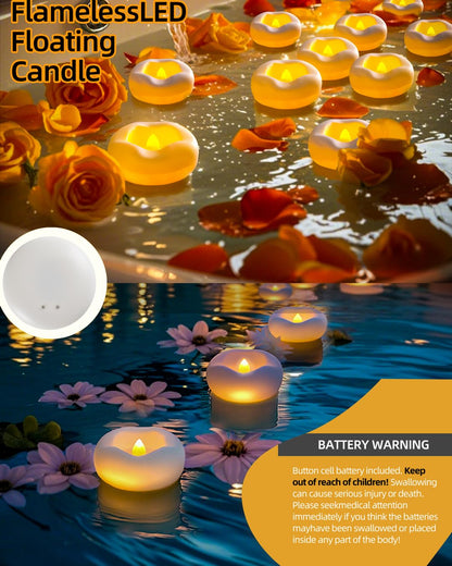 Auemaniliy 48-Pack 2” Floating Candle, 200 Hour Water Activated Warm White Battery Powered Flameless LED Floating Candle Floating for centerpieces/Bathtub/Pool/Fountain