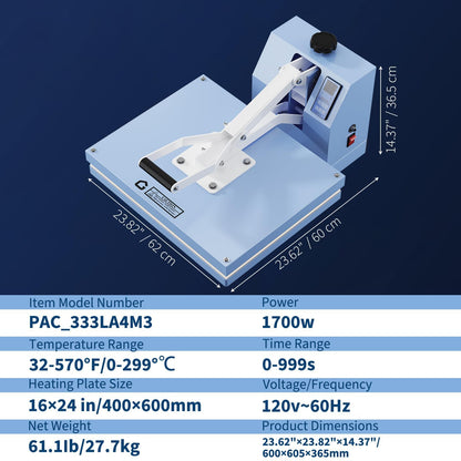 Heat Press Machine for t-Shirt, 16X20 in Digital Heat Transfer Press with Adjustable Pressure, Fast Heating Manual Press for Sublimation